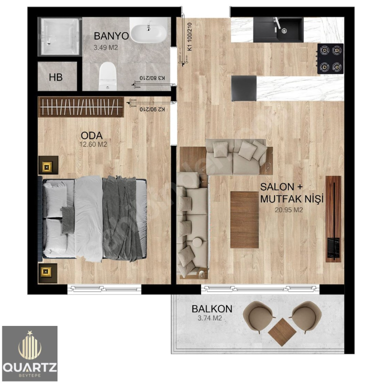 Quartz Ankara 1+1 · 1+1 daire planı · 40 m²